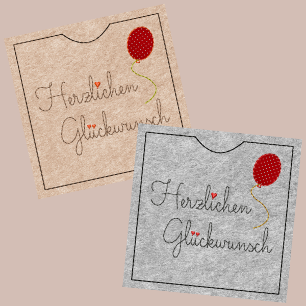 ITH Stickdatei Schokoladenhülle für den 13x18 cm Stickrahmen Herzlichen Glückwunsch mit Herzen und Luftballon am Stiel als hübsche Geschenkverpackung für Schokolade.