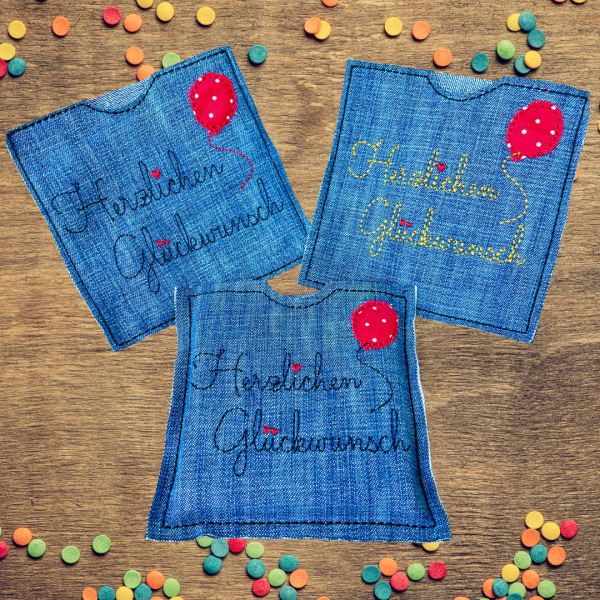 ITH Stickdatei Schokoladenhülle für den 13x18 cm Stickrahmen Herzlichen Glückwunsch mit Herzen und Luftballon am Stiel als hübsche Geschenkverpackung für Schokolade.