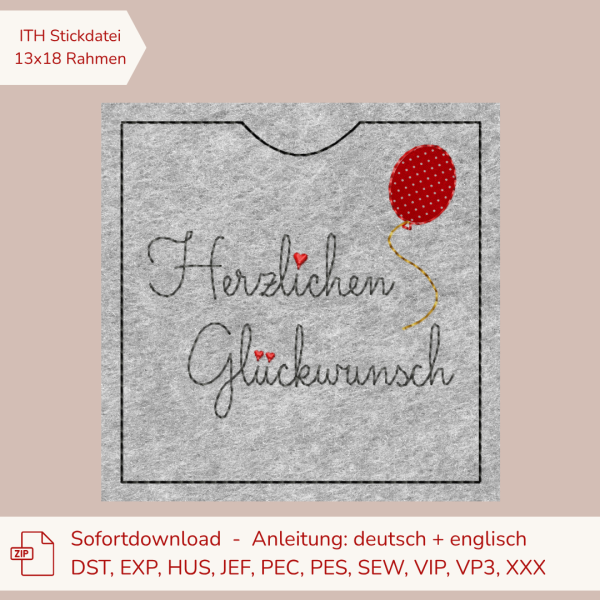 ITH Stickdatei Schokoladenhülle für den 13x18 cm Stickrahmen Herzlichen Glückwunsch mit Herzen und Luftballon am Stiel als hübsche Geschenkverpackung für Schokolade.