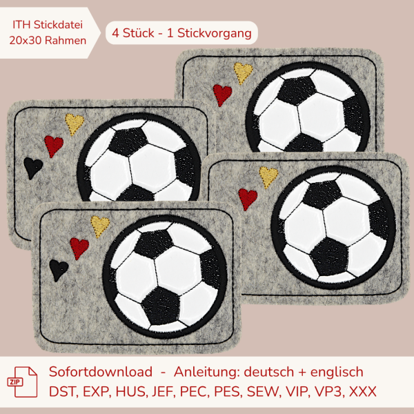 ITH-Stickdatei 4er Set MugRug Untersetzer für Fußball-Fans für 20 x 30 cm Stickrahmen