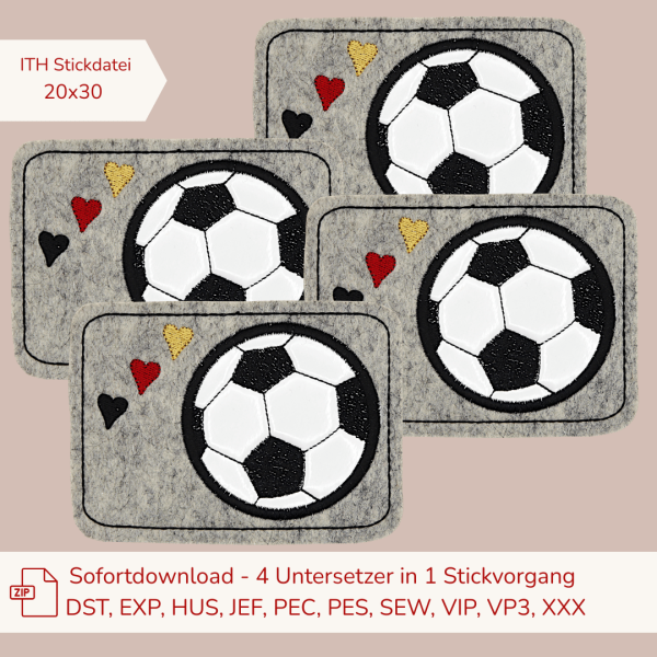 ITH-Stickdatei 4er Set MugRug Untersetzer für Fußball-Fans für 20 x 30 cm Stickrahmen