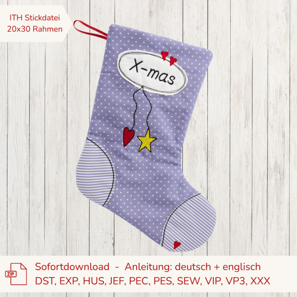 ITH Nikolausstiefel Stickdatei mit Namen für 20x30 cm Stickrahmen
