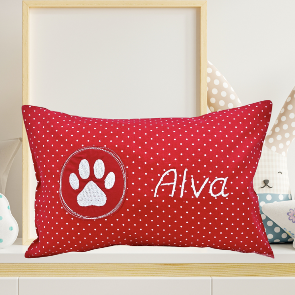 Kissen 20x30 cm mit Wunschmotiv (z.B. Hundepfote) und Wunschname bestickt