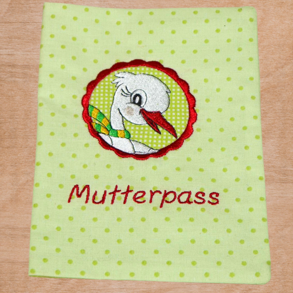 Mutterpasshülle Storch-Button "Mutterpass" - Schriftzug bestickt -sofort lieferbar-