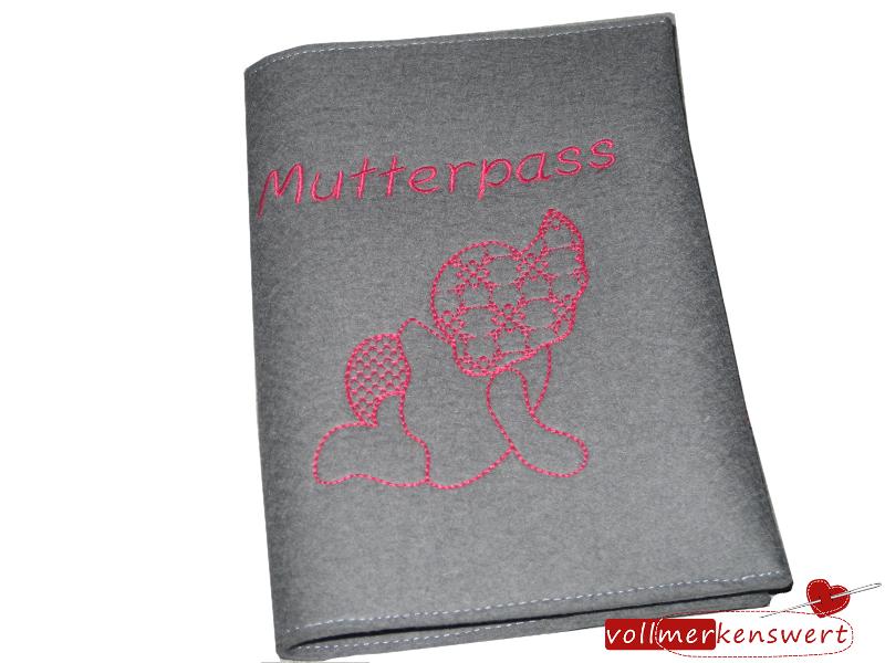 Wollfilz - Mutterpasshülle bestickt mit Baby und Mutterpass - Schriftzug -sofort lieferbar-