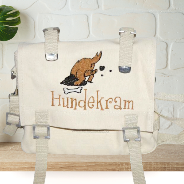 Canvastasche mit Wunschmotiv und Name bestickt für Kindergartenkinder & Große Farbe: beige Verschluss: Metallösen -personalisiert-