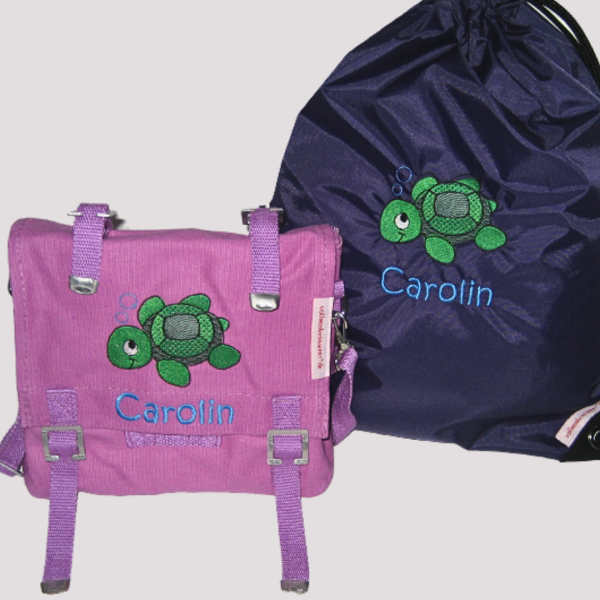 Canvastasche mit Wunschmotiv und Name bestickt für Kindergartenkinder & Große Farbe: rot Verschluss: Metallösen -personalisiert-