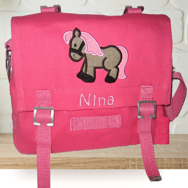 Canvastasche mit Wunschmotiv und Name bestickt für Kindergartenkinder & Große Farbe: pink Verschluss: Metallösen -personalisiert-
